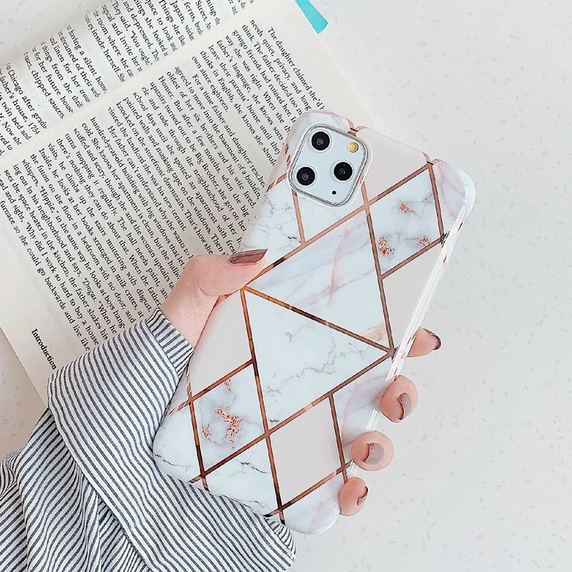 

Signalshin Rhombus Marble Phone Case For iPhone 12 Mini 11 X XR Pro Max 8 7 6 Plus SE Soft IMD Capa Plating Rectangle Back Cover
