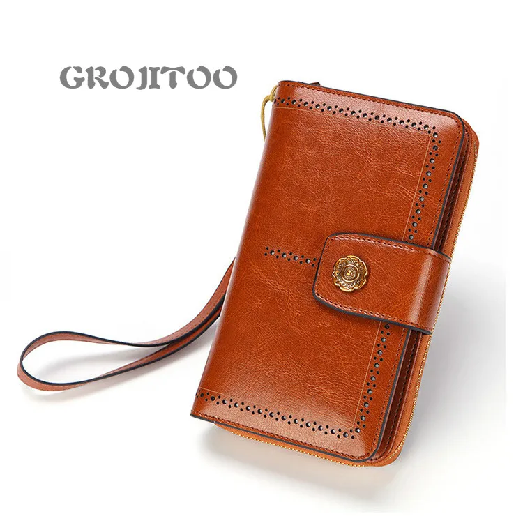 

Женский кошелек из натуральной кожи GROJITOO, длинный женский кошелек из воловьей кожи, на молнии, мобильный телефон, кошелек для девушек