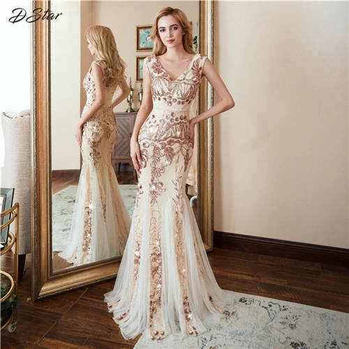 Элегантный Русалка из золотых цветов, платья с блестками, платье vestido de festa, сексуальным вырезом на спине и халат вечерние Макси платья женские платье длинное платье - Цвет: Color As Photo