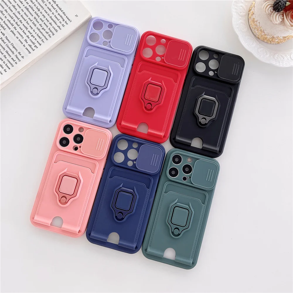 

New Pure color Silicone Card holder wallet Phone Case for iPhone 11 12 13 Pro Max 7 8 Plus XR X XS Soft Cover with Ring bracket