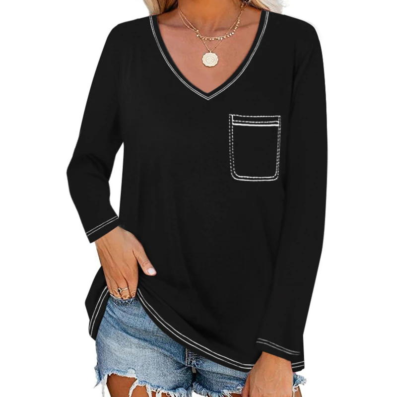 

Long Sleeve Pullover Tunic Ladies Stripe V-Neck T-Shirt for Woman 2021 Autumn New Vintage Solid Color Basic Top Tee Shirt Casual