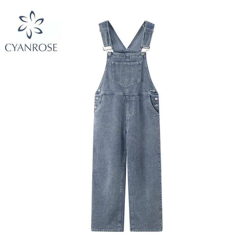 

2021 Autumn New Denim Overalls Women Jeans Lady Blue Loose Pockets High Street Fashion Korean Female Dungarees Denim Jumpsuit