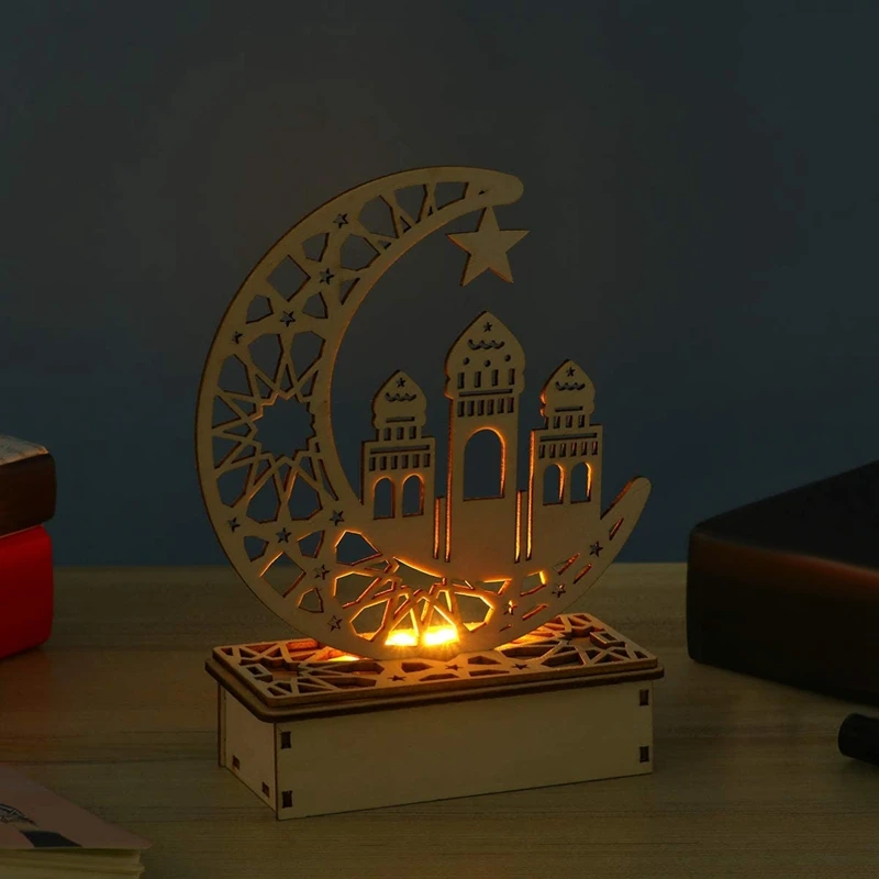 

3 Pcs Ramadan Mubarak Decorative Lights Eid Wooden Moon Star Lights Tabletop Ornaments for Home Party Supplies