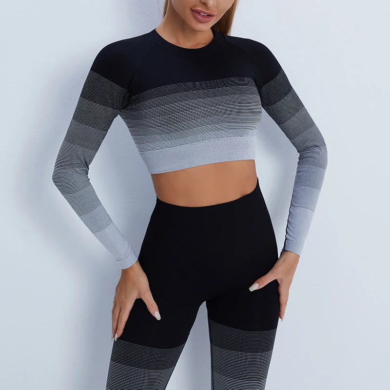

ASHEYWR Gradient Fitness Tops Women O-Neck Long Sleeve Seamless Top Slim Short Quick Dry Stripe Workout Tees Sexy Female