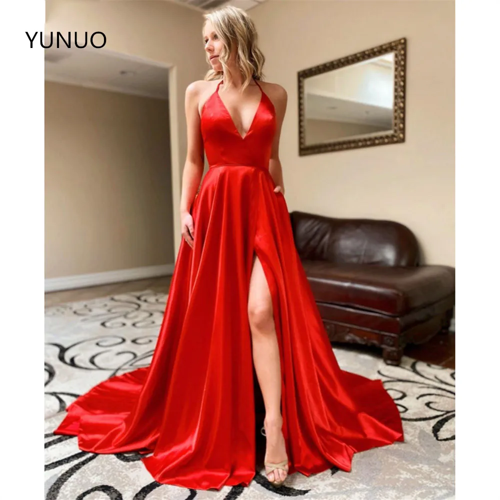 

YUNUO Sexy Red Evening Dress 2021 A-Line Halter Formal Dresses Long Prom Party Gowns Vestidos De Festa Gala With Pockets