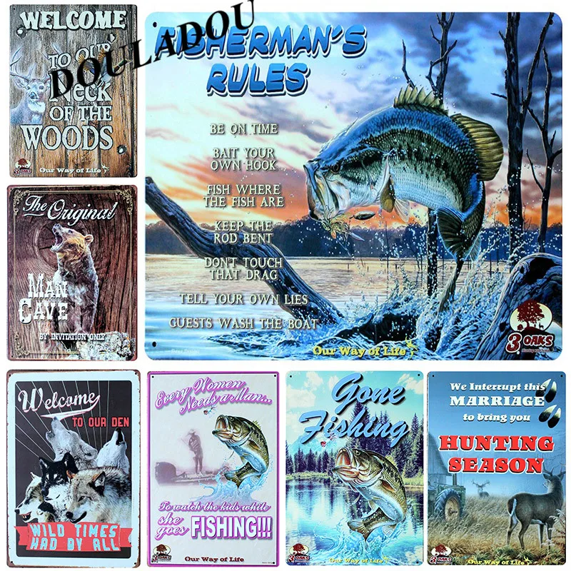 

[Douladou] Fisherman's Rule Tin Sign Shop Club Bar Decoration Fishing Wall Sticker Crafts Sticker Vintage Metal Painting20x30CM