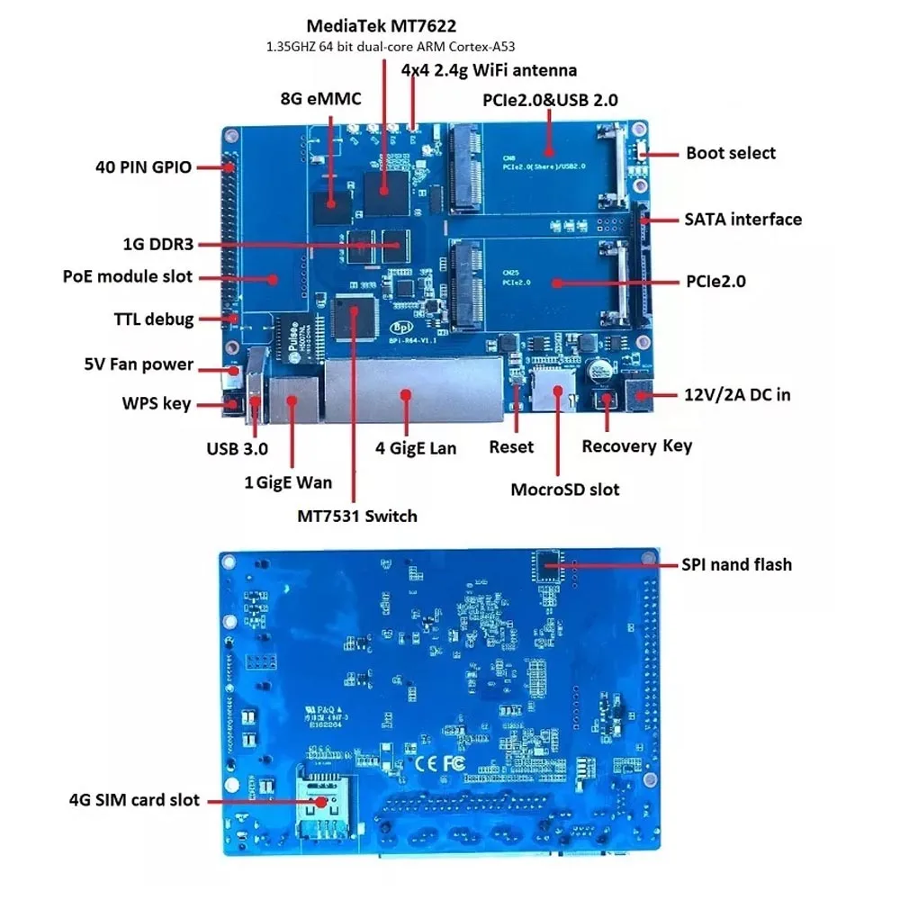 Новое поступление Banana PI BPI R64 MT 7622 Opensource маршрутизатор с 12V 2A DC мощность