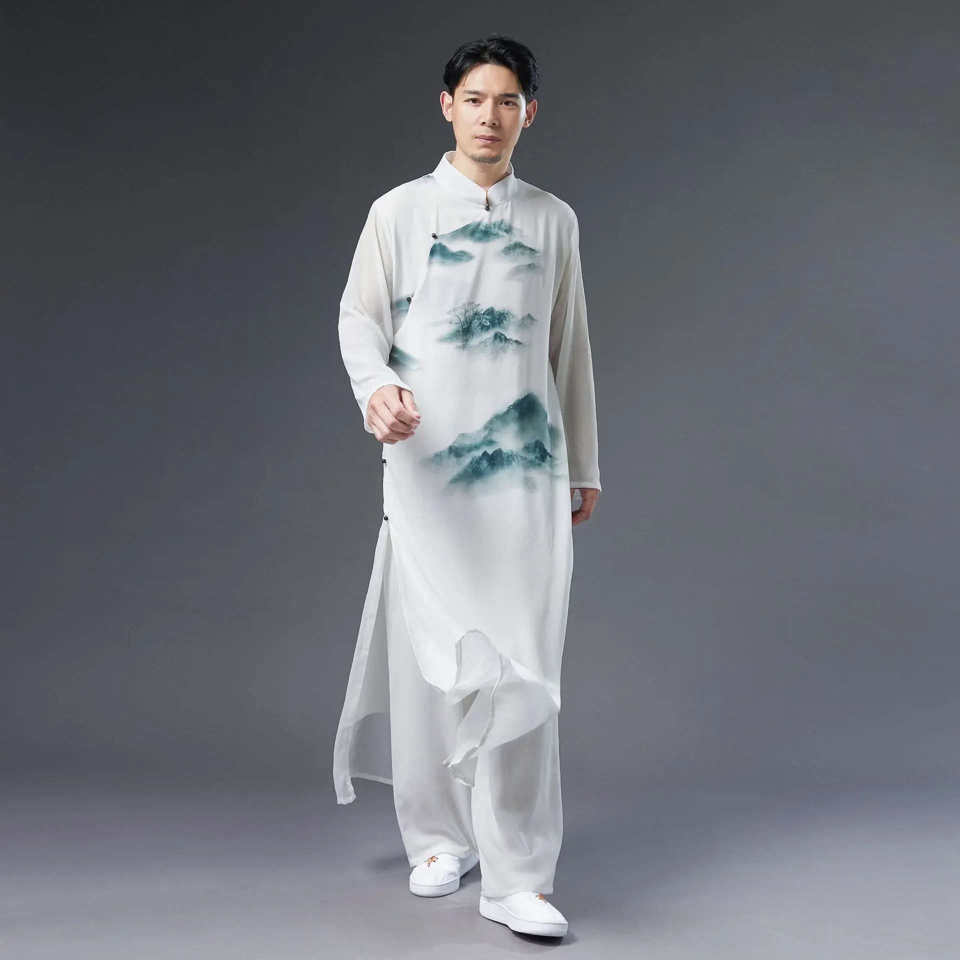 Chiffon Men Chinese Traditional Robe Gown Ancient Mandarin Collar Tang Tops Print Landscape Retro Button Shirt Japanese Harajuku