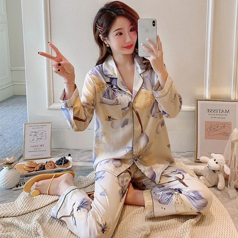 

2PCS Pajama Sets Spring Autumn Women Lapel Long Sleeve Home Wear Ladies Tops+Pants Nightgown Yellow Floral Print Sleepwear