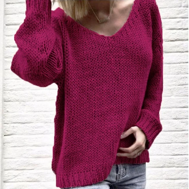 Purple ELSVIOS 3XL, сексуальный свитер с v-образным вырезом и длинным рукавом, Женский однотонный свободный женский топ, повседневный вязаный свитер размера плюс, осенне-зимний пуловер - Цвет: Purple