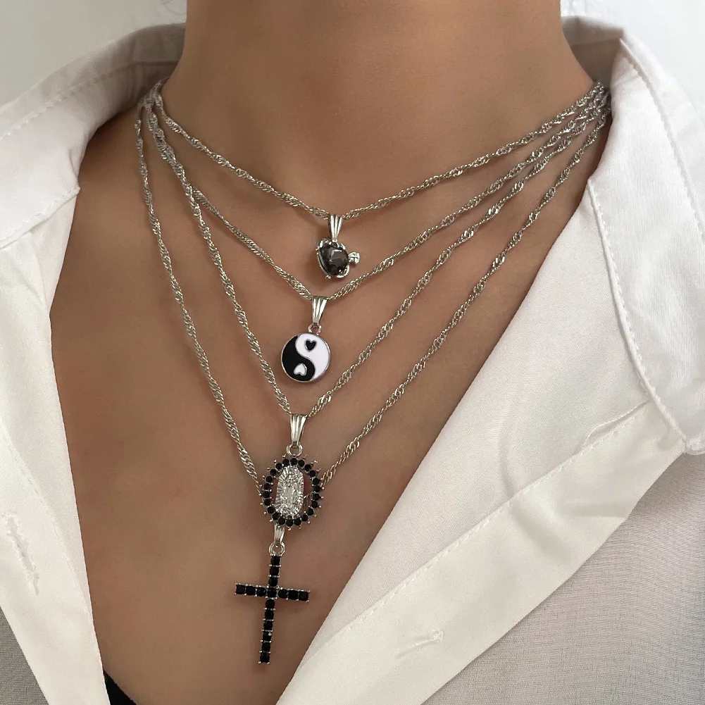 

Punk Black Rhinestone Heart Cross Pendant Necklace Fashion Multilayer Portrait Yin Yang Twisted Chain Necklace For Women Jewelry