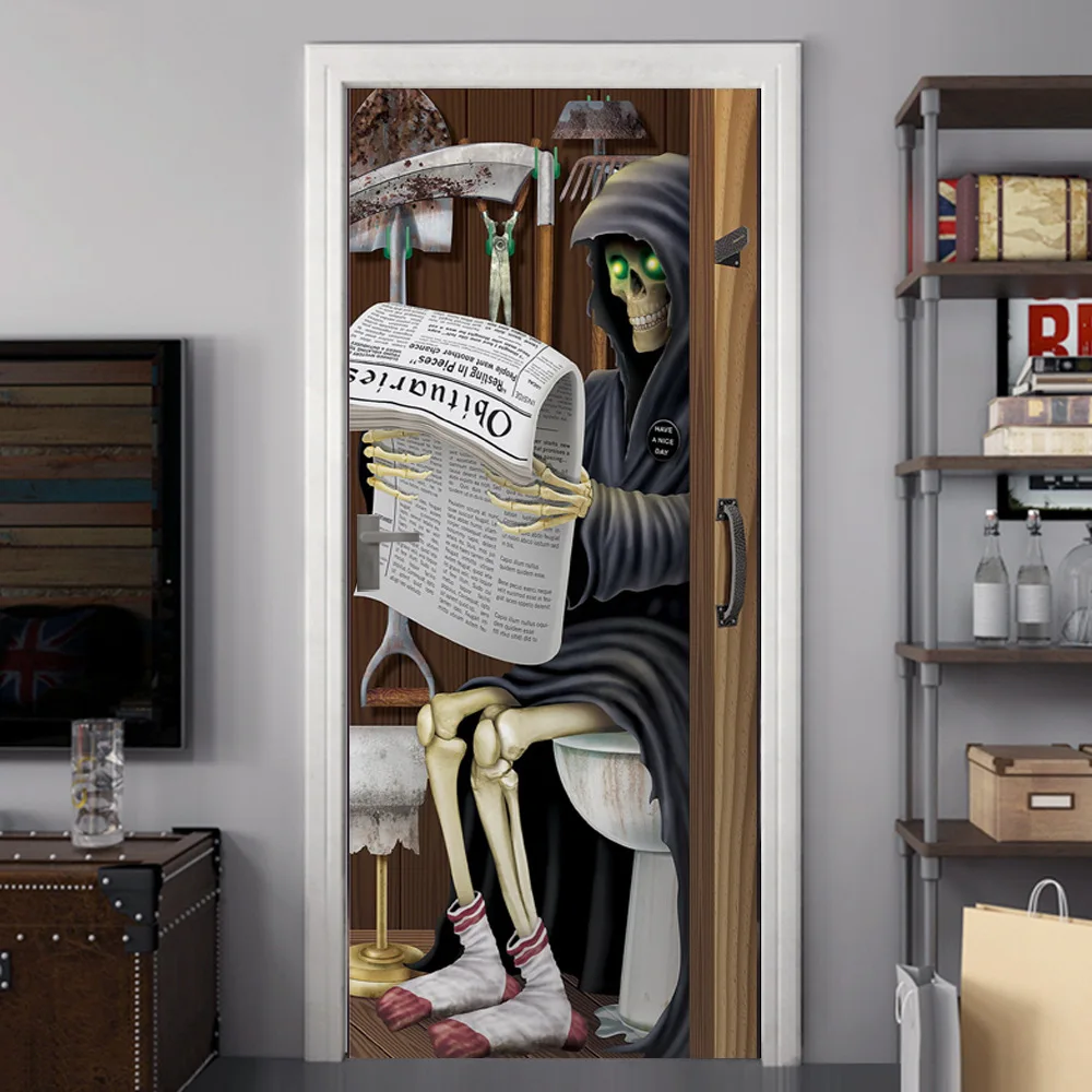 Хэллоуин страшный череп чтение газетных ворот наклейка ужас вечеринка дверь