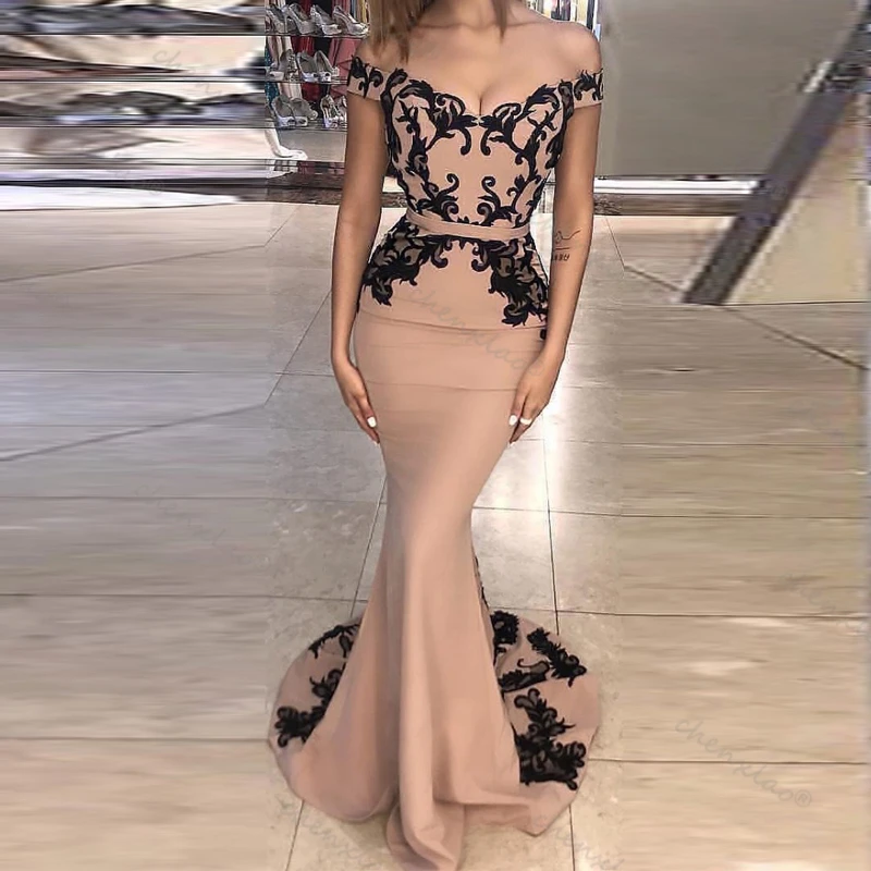 Вечернее платье цвета шампанского с юбкой годе черные кружевные вечерние платья