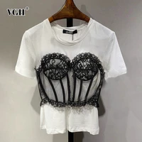 vgh casual patchwork mesh lace t shirt for women o neck short sleeve elegant korean t shirts female fashion new clothing 2021