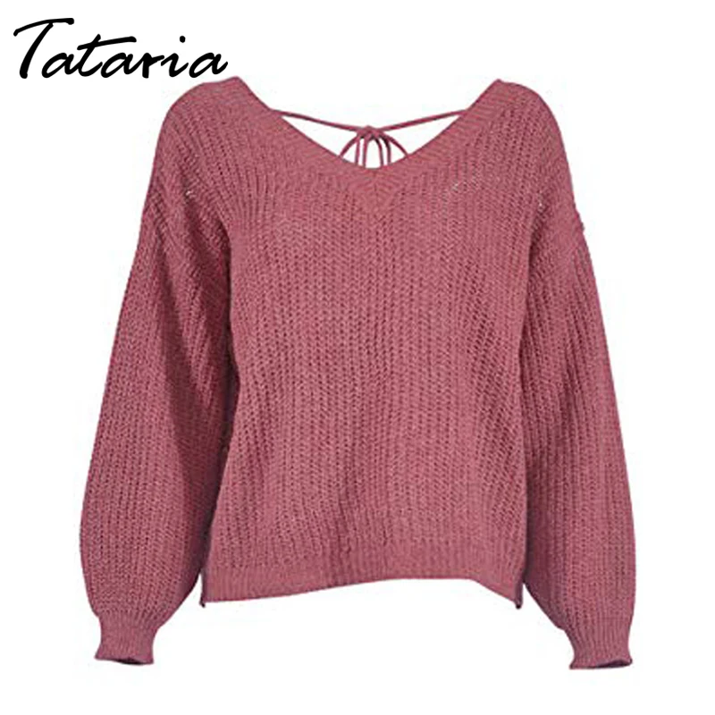 Женский трикотажный пуловер Tataria однотонный с V-образным вырезом длинным рукавом