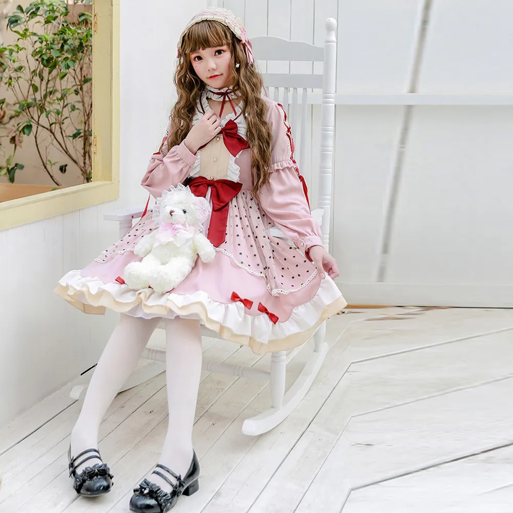 

Women Spring Dresses Sweet Soft Girls Print Dot Polka Cute Long Sleeve Dress Vestidos Sweet Lolita Bow Dress
