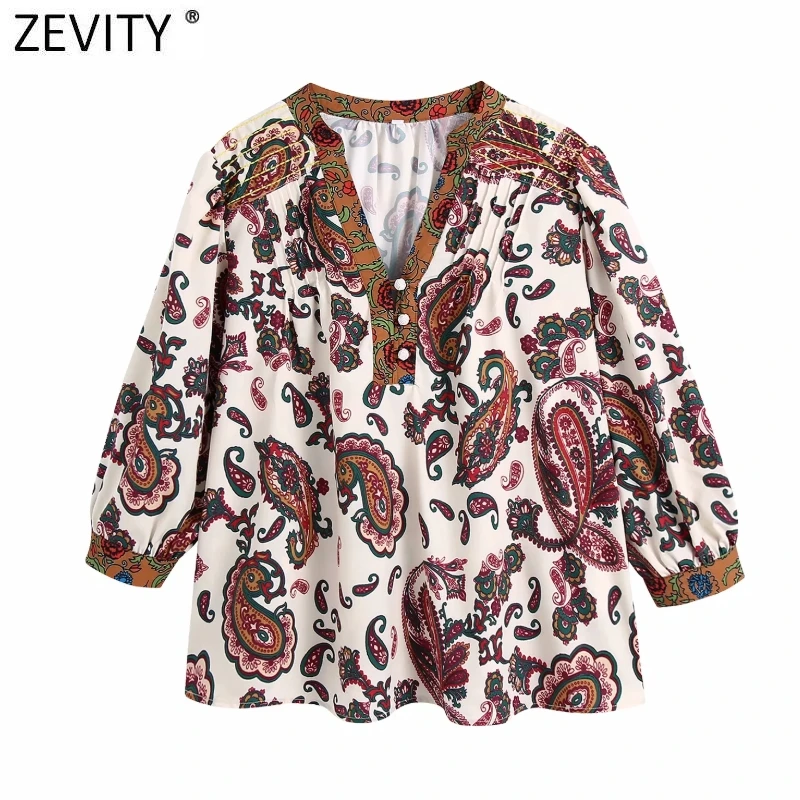 

Zevity Women Vintage V Neck Paisley Casual Smock Blouse Ladies Chic Press Totem Floral Print Femininas Shirts Blusas Tops LS9336