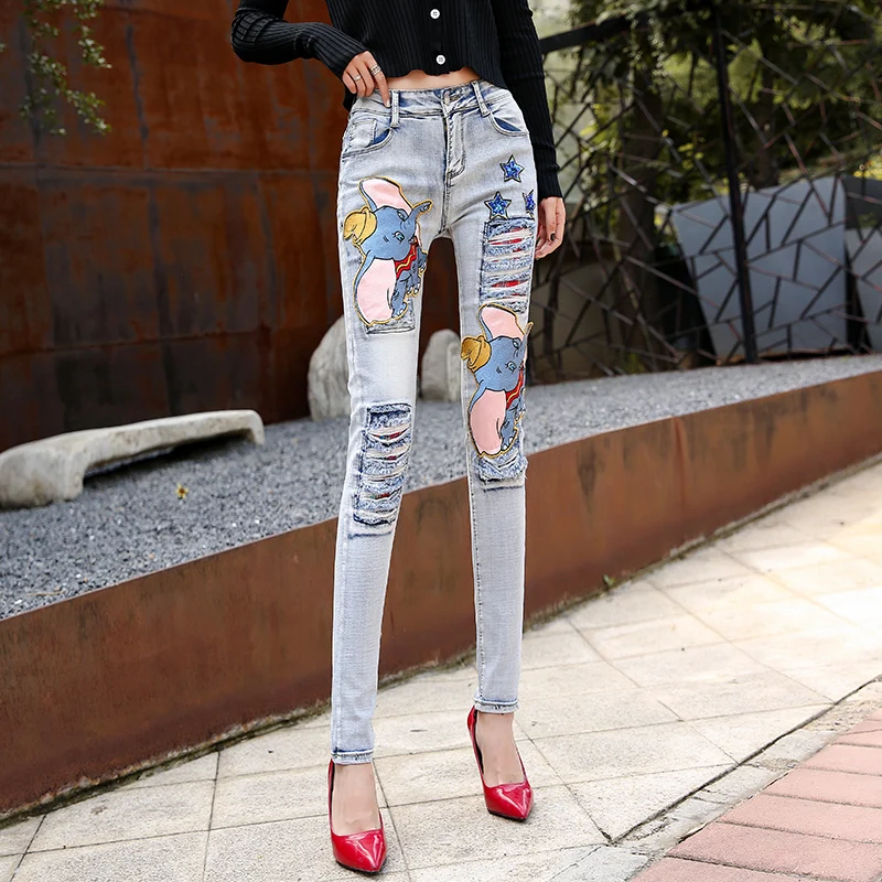 Женские джинсы с вышивкой Дамбо Длинные облегающие джинсы-карандаш блестками и