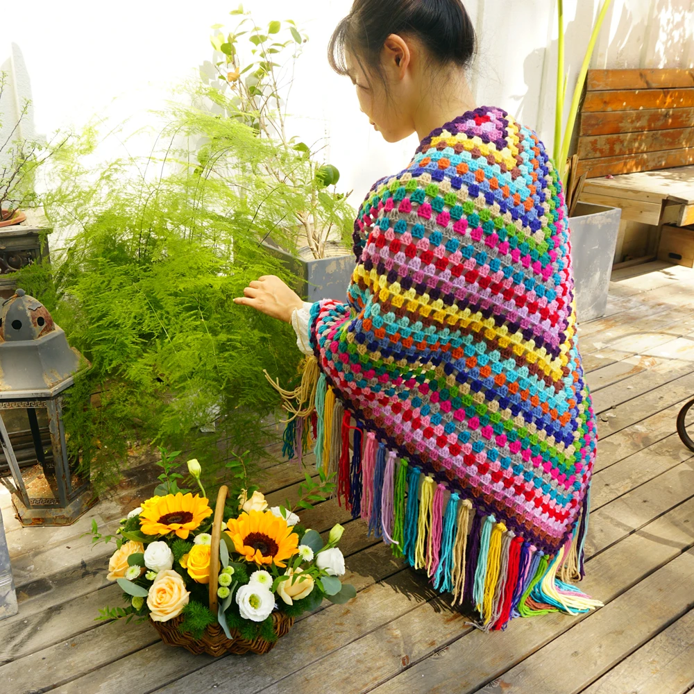 

Chromatic colour Handmade Crochet granny square Tassel Scarf wraps women Big flower autumn winter scarves poncho Scarf
