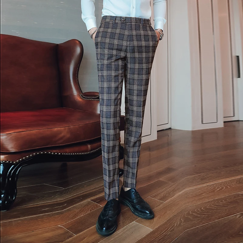 

Autumn Winter Men Suit Pants High Quality Plaid Trousers Men Wedding Banquet Dress Pants Size 29 30 32 33 34 38 40 Man Trouser