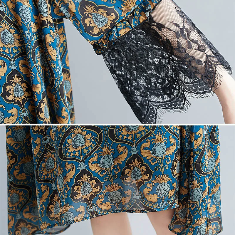 

Women Chiffon Dress Plus Size Lace Splice Art Ethnic Print Midi Dresses Vintage Summer Stand Collar A-Line Dresses Robe Female