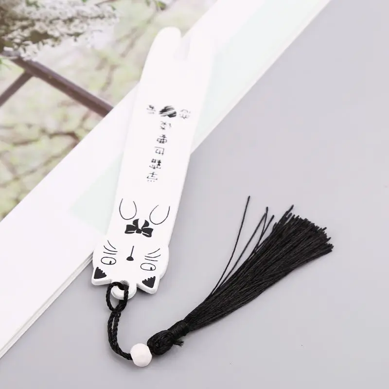 

Cute Cartoon Cat Wooden Bookmark Book Page With Tassel Student Stationery School XXUC
