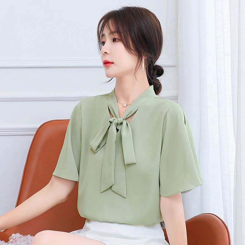 

Summer Korean Fashion Chiffon Womens Tops and Blouses Petal Sleeve Green Blouses for Women Black Women Shirts Blouses