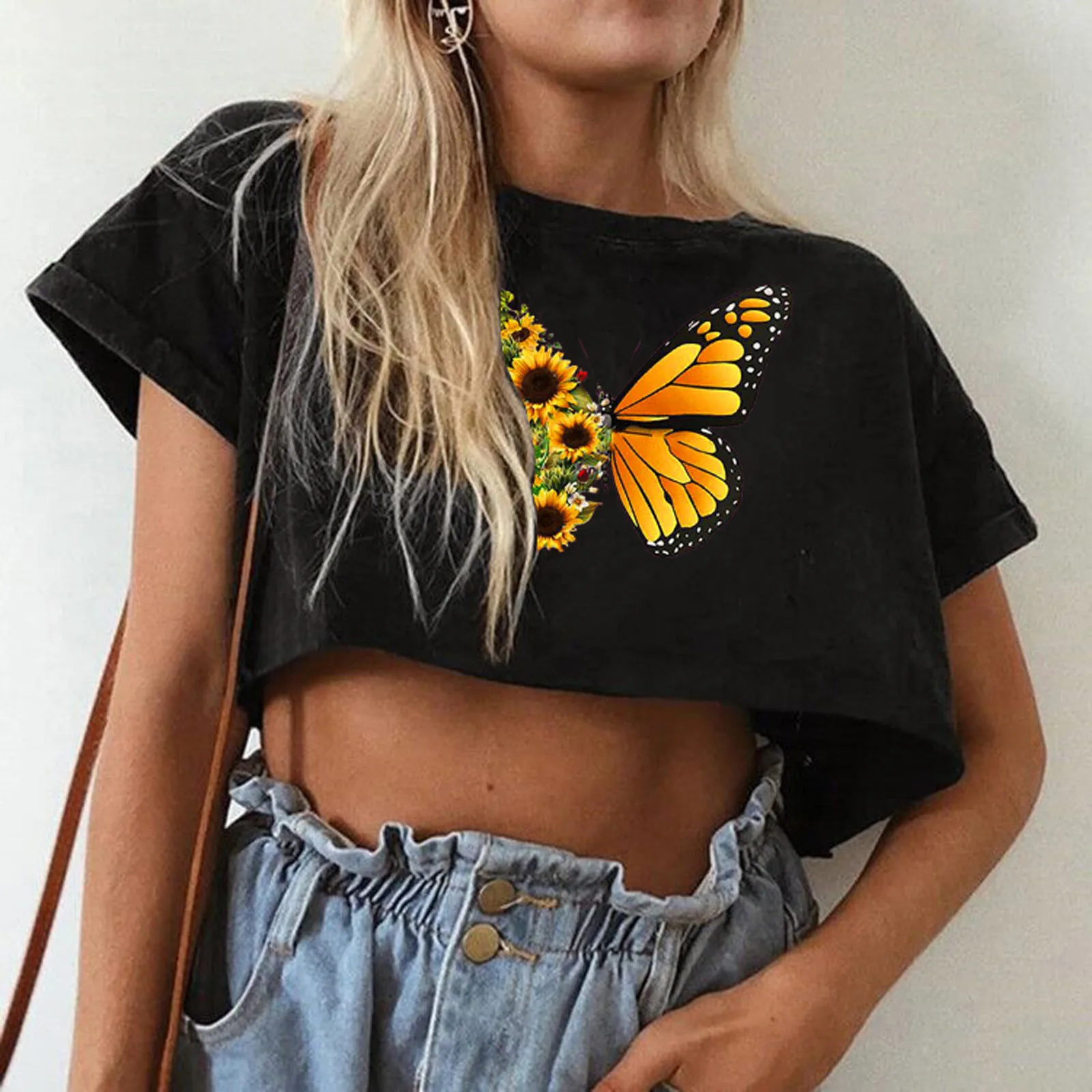 

T-Shirts Female Clothing Women's T-shirt Stitch Crop Top Tops Blouse Woman Short Sleeve Kawaii Blouses Anime Clothes Tees