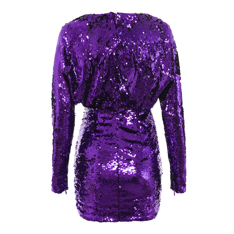 CIEMIILI 2019 new fashion solid purple sexy lady dress chic long sleeve evening party v-neck empire sequin mini | Женская одежда