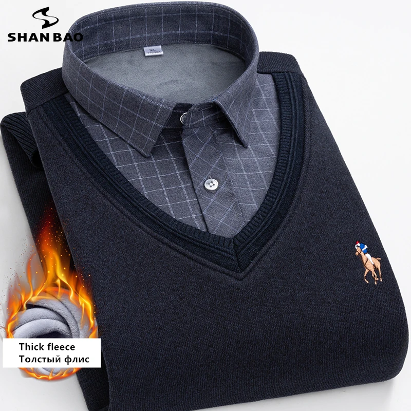 

Зимний брендовый пуловер с воротником-рубашкой SHAN BAO 2021, свитер, плотный теплый мужской деловой Повседневный свитер с длинным рукавом