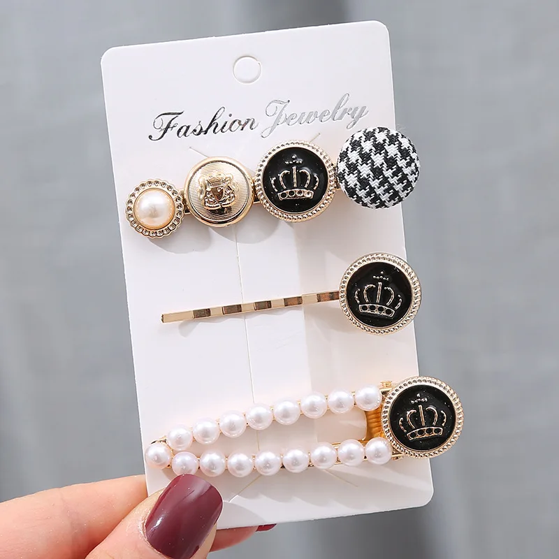3-piece set of net red ins popular hairpin houndstooth button pearl side clip bangs clip word clip hair accessory