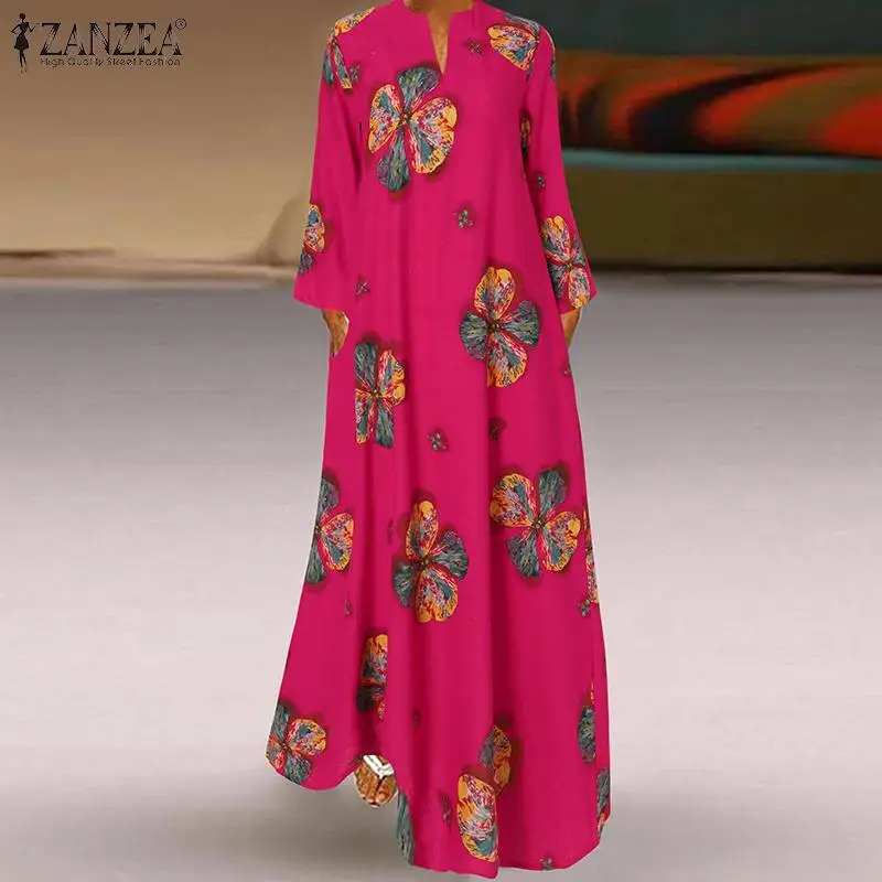 

ZANZEA Autumn Vintage Floral Printed Maxi Dress Women V neck Long Sleeve Casual Loose Vestidos 2021 Holiday Long Sundress Kaftan