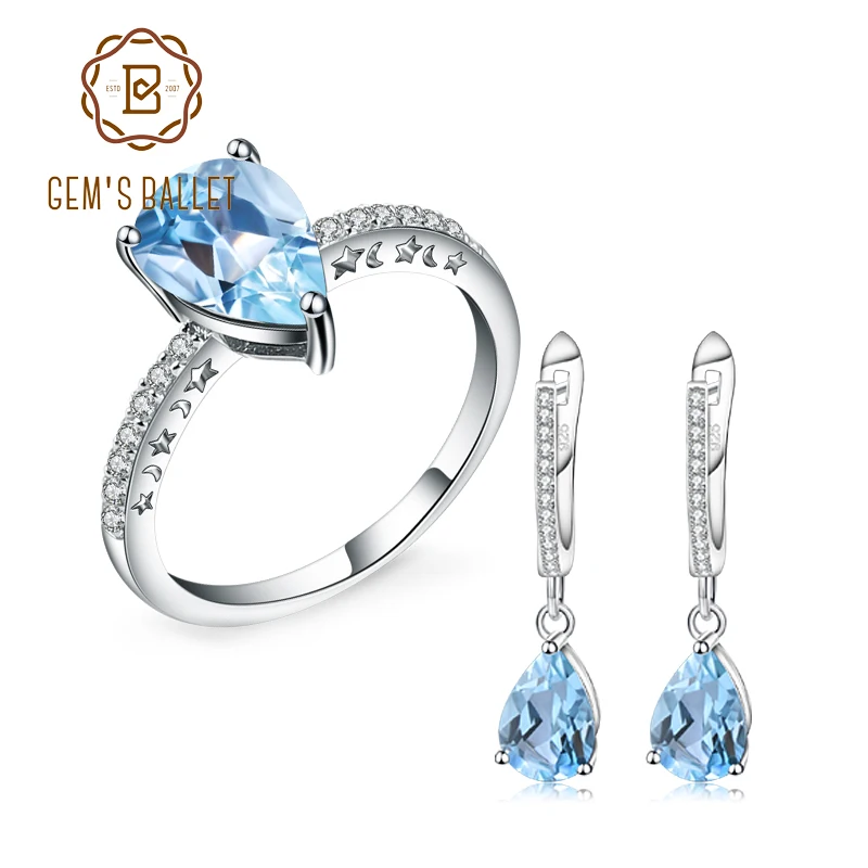 

GEM'S BALLET Pear 2.4ct Sky Blue Topaz Rings Drop Earrings 925 Sterling Silver Natural Gemstone Fine Jewelry Set For Women Gift