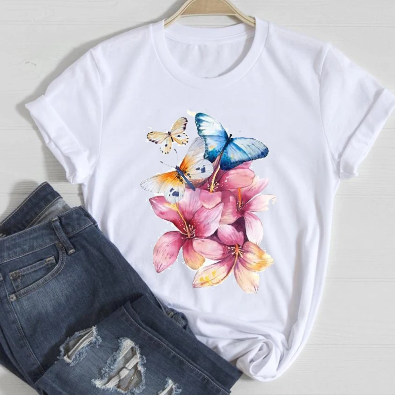 

T-shirts Women Plant Butterfly 90s Aesthetic Girl Trend Spring Summer Tshirt Top Lady Print Clothes Graphic Female Tee T-Shirt