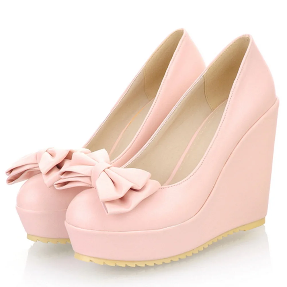 

RIBETRINI Big Size 43 Dropship Wholesale Women Fashion Shoes Women High Wedges Bowknot Platform Pumps Shallow Pumps