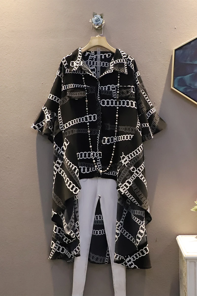 

IEQJ 2021 New Summer Cozy Fashion Women Clothes Loose Dress Turn-down Collar Short Sleeves Printed Large Shirt WS39001