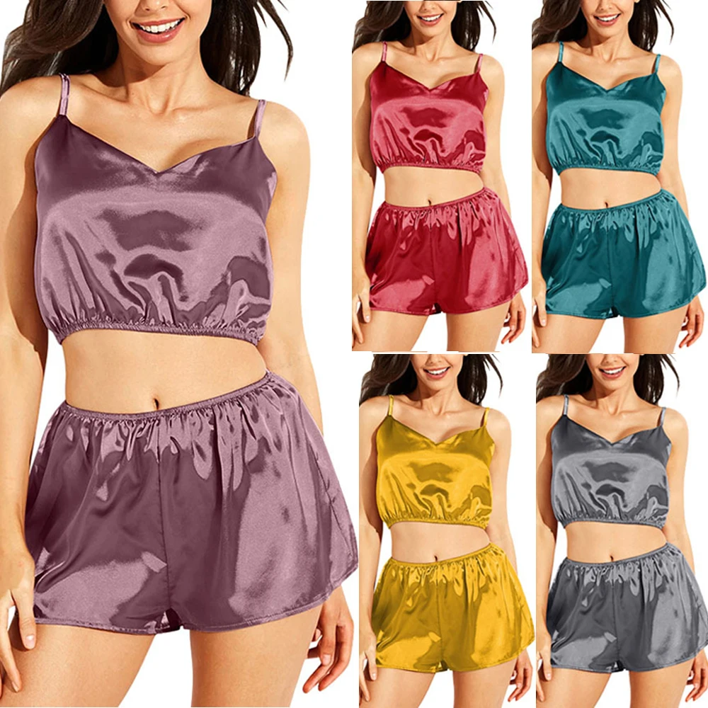 

Women Sexy Satin Vintage Sleepwear Lingerie V-Neck Camisole PJ Set Pijamas Femmes Seamless Underwear Swimsuit Nightwear S-5XL