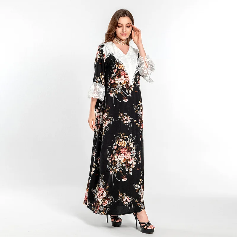 2021 New Women's Lace Dress Print Sweet Robe Abaya Ethnic Moroccan Kaftan Arabic Dubai Clothes