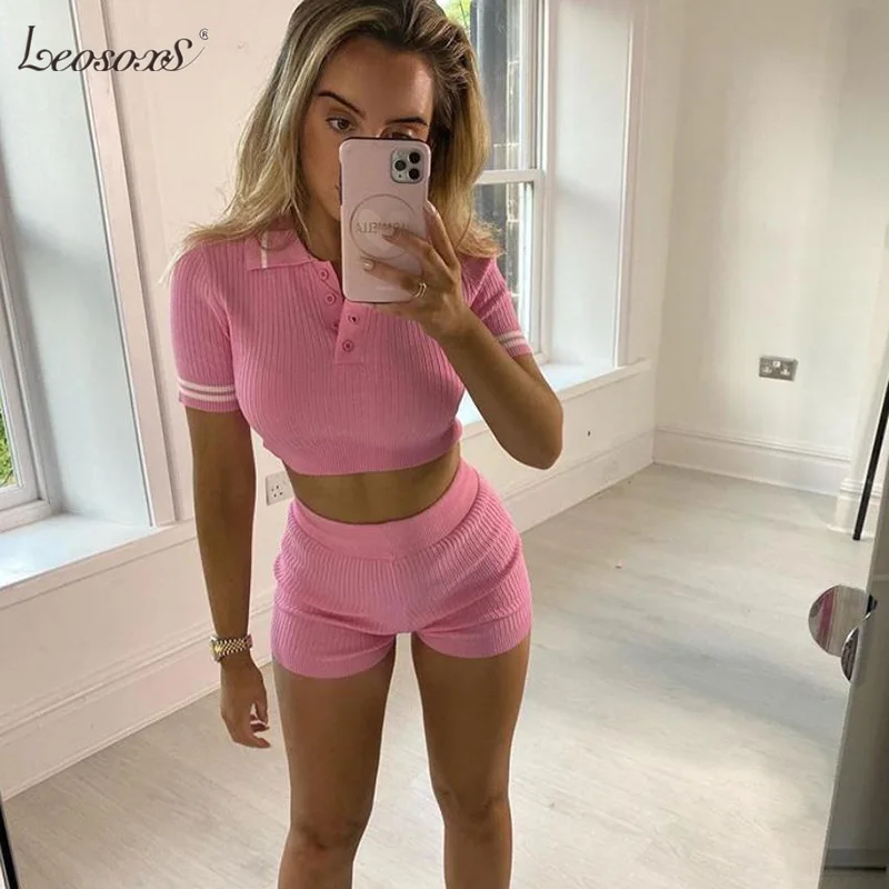 

Fitness Tracksuit Women Two Piece Outfits Button Elastic Hight Crop Top Biker Shorts Set Casual Summer Skinny Streetwear