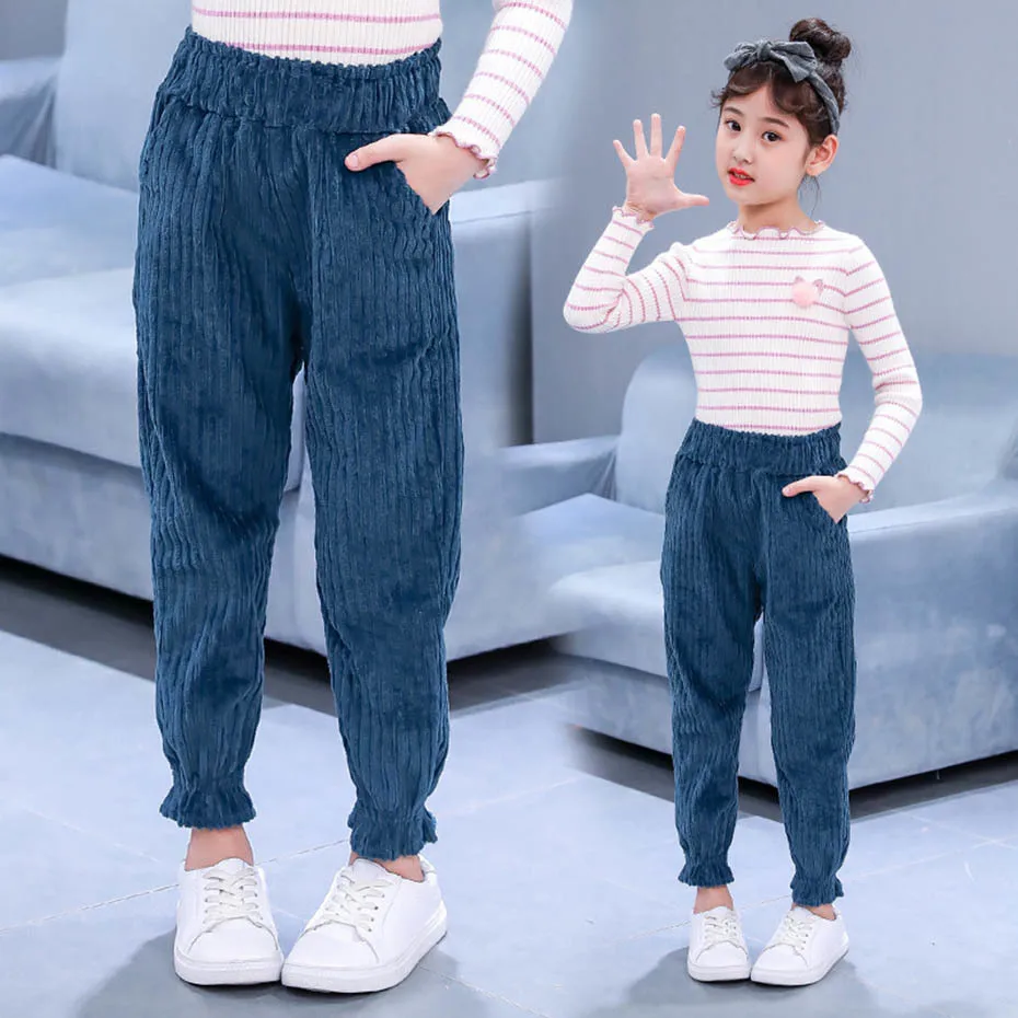 Брюки для девочек модные полосатые бархатные штаны брюки с эластичным поясом