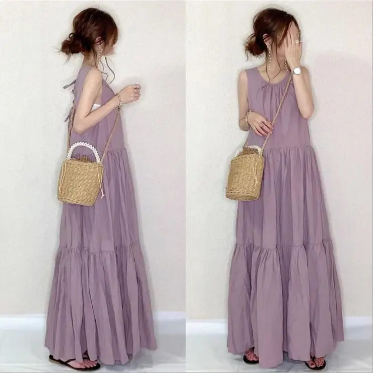 

Dress 2021 New Women's Long Dress SleeveLess Stitching and Thin Lace Up Dress In Stock Elegant Leisure Purple Dress V096