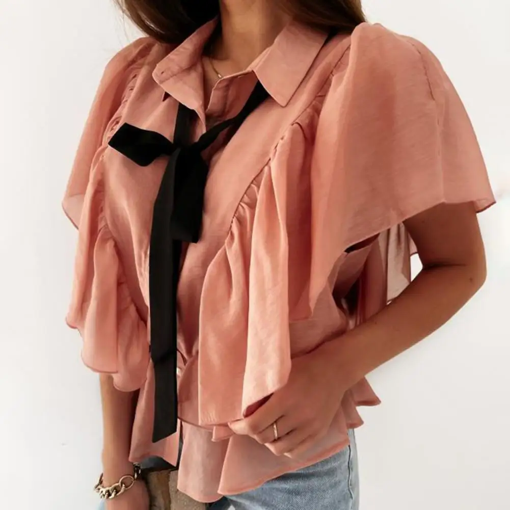 

Elegent Chiffon Shirt Tie-up Ruffle Solid Simple Summer Short Butterfly Sleeve Bow-knot Women Blouse for Daily life