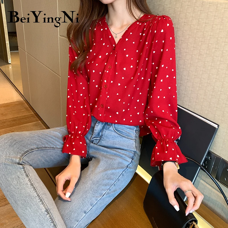 

Beiyingni Women Shirts Heart Printed Cute Sweet Loose Blouses Female Tops Chiffon Korean All-match Blusas Fashion Chic Oversized