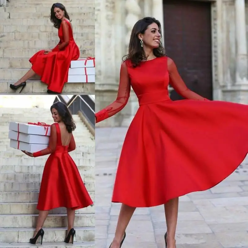 

Sheer Long Sleeves Backless Prom Dresses Simple Tea Length Short Red Formal Party Gowns Homecoming Wear Robe De Soiree