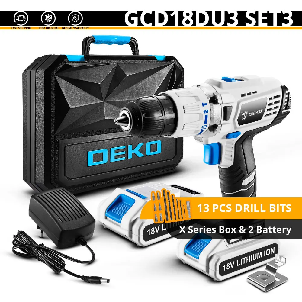 DEKO GCD18DU3 DC 18 в электрическая отвертка аккумуляторная дрель ударная мощность Драйвер литиевая батарея 13 мм 50Н. М 2 скорости для деревообработки - Цвет: SET 3