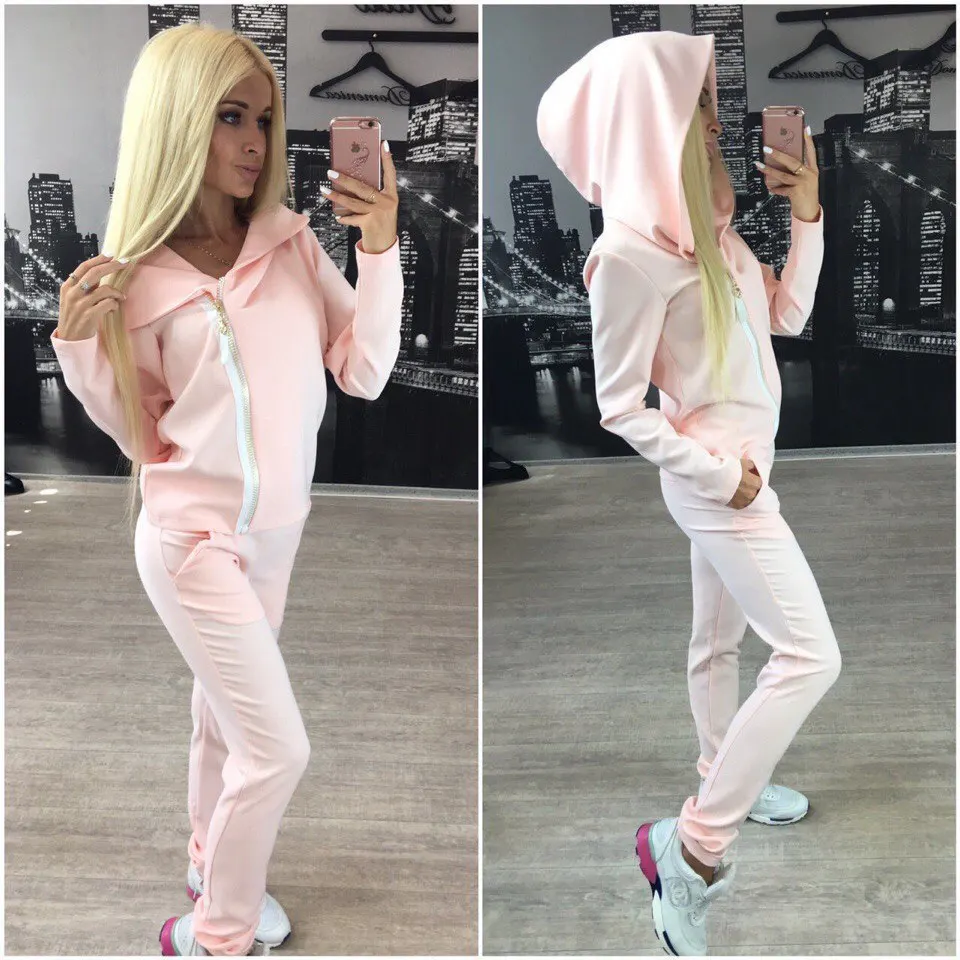 

Women's Suit New Fashion Hooded Collar Pullover Zipper Solid Color Long-sleeved Trousers Two-piece Suit Office Lady Donsignet