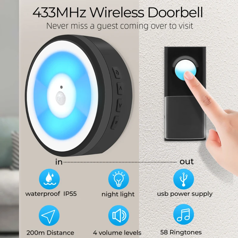 

USB Powered IP55 Wireless Smart Doorbell 433MHZ PIR Night Light Home Plug-Free