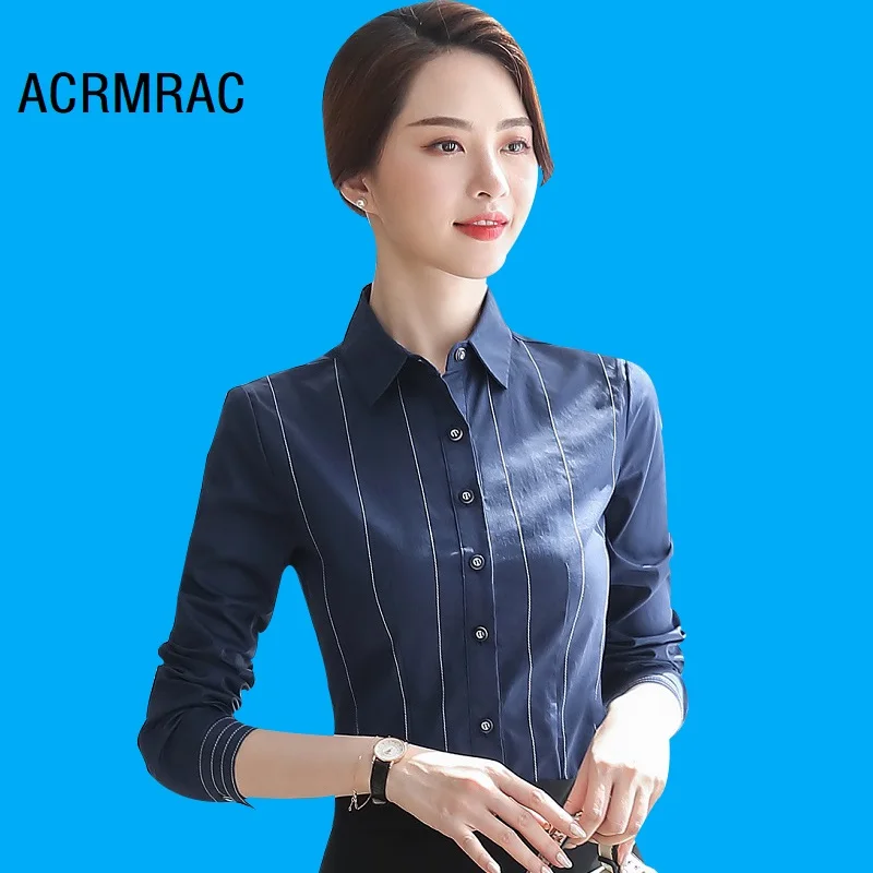 Women shirt Slim autumn Long sleeve stripe OL Formal Blouses & Shirts Woman Q6160