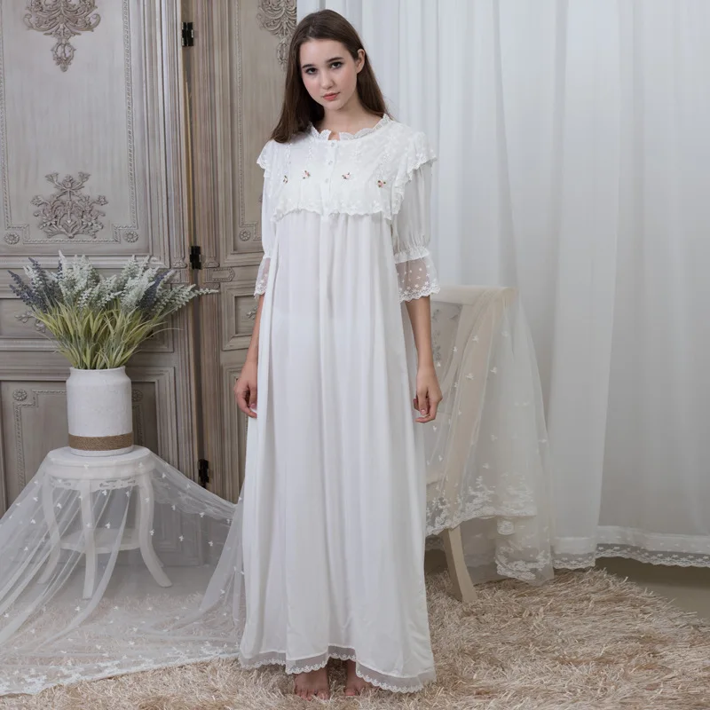 

Cotton Court Style Nightdress Princess Loose Plus Size Vintage Homewear for Women Round Neck Lace Pajamas Spring and Summer