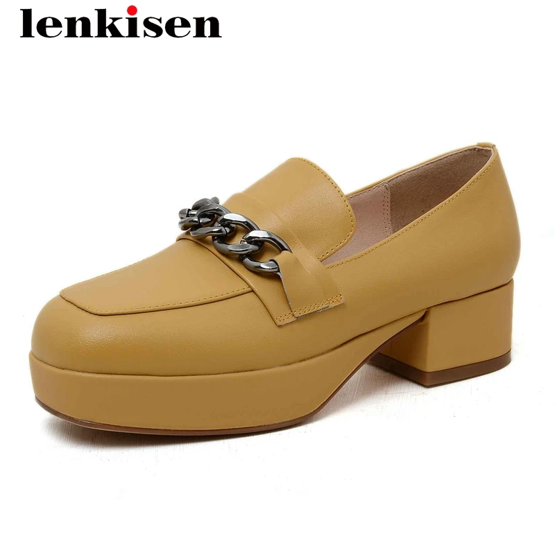 

Lenkisen british school full grain leather platform chain decorations square toe thick med heel slip on gorgeous women pumps L86